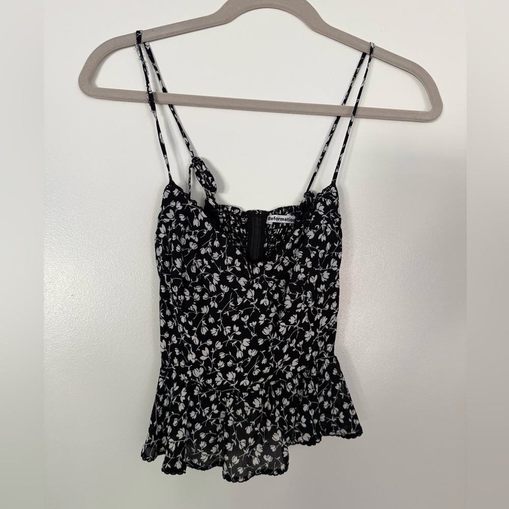 Reformation Black and White Floral Spaghetti Strap Peplum Camisole